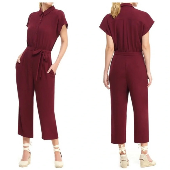 Gal Meets Glam Raina Button-Front Crepe  Jumpsuit Burgundy - Picture 2 of 13